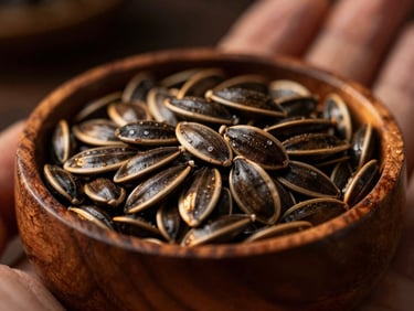 Dark glossy Ikin seeds held in a hand-carved wooden bowl showing rich grain, low-key lighting, warm golden-hour undertones, extreme close-up, 35mm