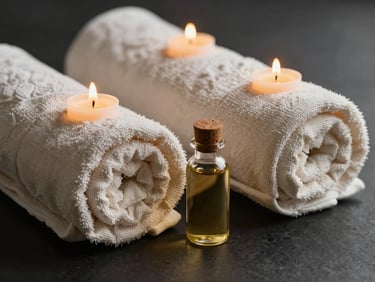 Soft candlelight illuminating rolled linen towels and a small glass bottle of massage oil on a dark surface