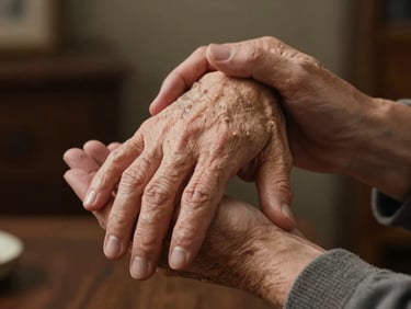 Close-up of hands gently holding an elderly hand, soft warm indoor lighting, dark cozy background