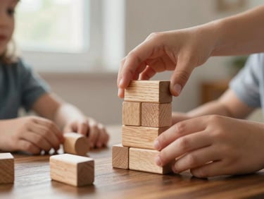 Close-up of children's wooden toy blocks gently stacked by hands on a dark wooden table, warm natural light from a window