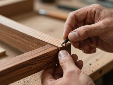 Close-up of craftsman hands carefully assembling a dark wooden joint, warm natural light, focus on precision and texture of the wood
