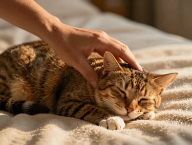 A hand gently grooming a sleeping domestic cat on a soft wool blanket, warm golden hour light