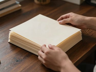 Hands organizing neat paper folders on a dark wooden desk, soft warm indoor lighting