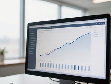 Close-up of a technical data dashboard on a monitor, showing positive conversion rate curves, bright natural office window light, shallow depth of field.