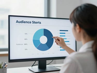 Over-the-shoulder view of a digital marketer analyzing audience segmentation charts on a large screen, clean corporate office setting.