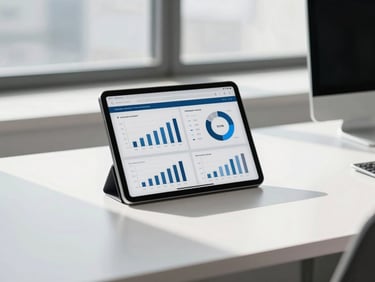 A clean corporate desk setup with a tablet displaying analytics data, bright daylight casting soft shadows, professional atmosphere.