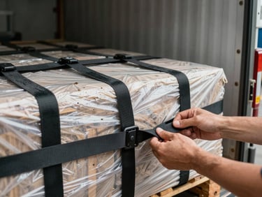Close-up of cargo straps securing palletized freight inside a dry-van trailer, warehouse ambient lighting, hands checking tension on a ratchet strap