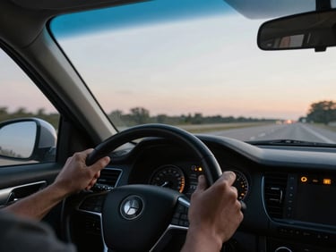 Driver's hands on a steering wheel at dusk, Texas interstate ahead, dashboard clock visible, amber light through the windshield, urgency in the empty highway stretch