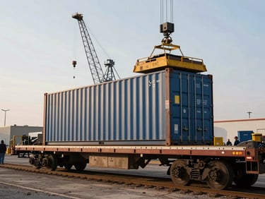 Wide shot of an intermodal container being loaded onto a flatbed trailer at a rail yard, daylight, crane silhouetted against a pale Texas sky, yard crew visible at ground level