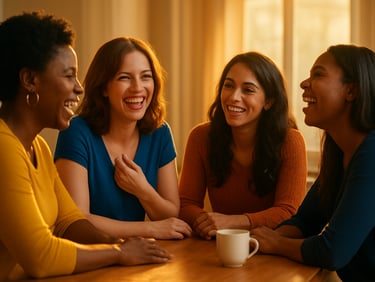 A group of diverse women laughing and talking around a table in a brightly lit room, warm golden-hour light