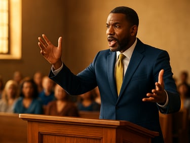 Expressive medium shot of a pastor teaching with energetic hand gestures behind a wooden podium, warm natural light, diverse audience softly blurred in the background.