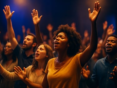 High-energy environmental shot of a diverse congregation with hands raised in passionate worship, warm stage lighting with rich royal blue and gold tones, shallow depth of field.
