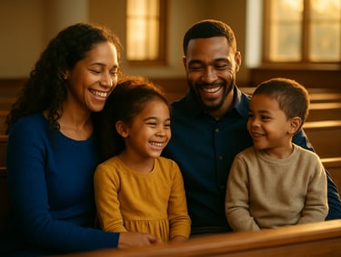 Warm editorial photography of a multicultural family sitting together in a modern church pew, golden-hour light streaming through windows, shallow depth of field, focus on genuine smiles.