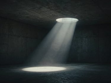 Wide anamorphic shot of a dark concrete interior with a single beam of cold white light cutting through dust motes, moody desaturated tones, cinematic film still