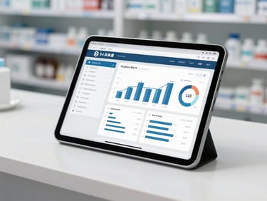 A professional close-up of a modern tablet displaying a clean business dashboard with sales charts and ERP metrics, resting on a clean white pharmacy counter, bright natural daylight.