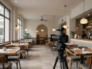 A wide, architectural interior shot of a Scandinavian-style restaurant in Bangalore under soft overcast light, with a professional camera rig on a tripod positioned in the foreground.