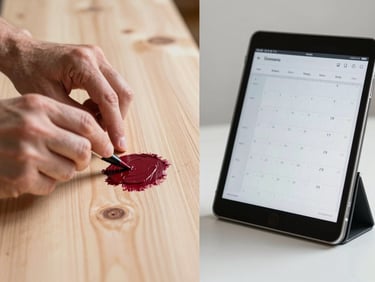 A split-screen composition: on the left, a close-up of hands matching a deep crimson paint swatch to raw pine timber; on the right, an iPad displaying a social media content calendar grid, soft studio light.