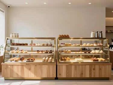 Interior of a minimalist bakery in Bangalore, light wood counters, warm brass accents, soft diffused daylight, clean lines