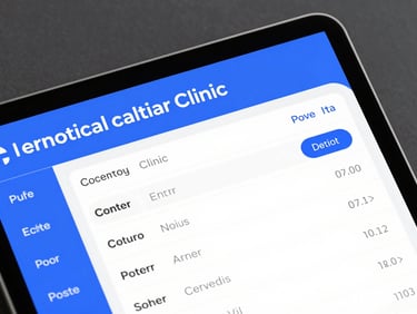 Sleek close-up mockup of a local medical clinic booking dashboard on a tablet, vibrant blue accents, clean glassmorphism