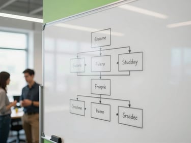 Close-up of a whiteboard with a clear system architecture diagram, developers discussing in a modern workspace, natural light.