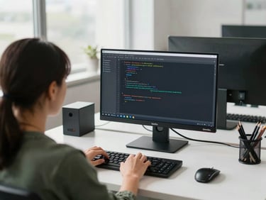 Over-the-shoulder view of a developer working on GeneXus code, clean modern workspace, bright natural light.