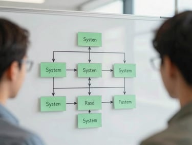 Close-up of a whiteboard with a system architecture diagram, two developers discussing, natural light, shallow depth of field.