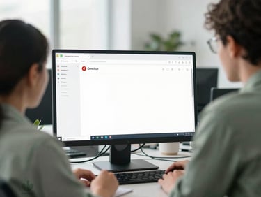 Developer collaborating with a client over a clean GeneXus interface screenshot, bright office light, shallow depth of field.