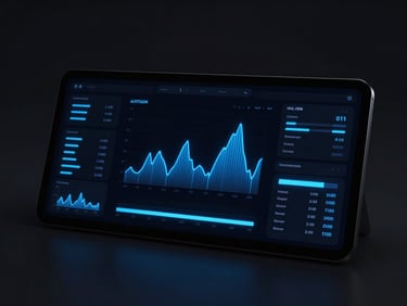 Ultra-modern minimalist dashboard mockup on a dark screen, glowing electric blue data charts, high-fidelity UI/UX design, dark ambient background, 35mm