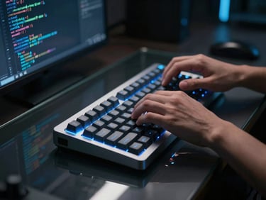 Close-up of developer hands typing on a mechanical keyboard, code reflected on a sleek glass desk, moody dark-mode lighting with silver and electric blue accents, 35mm