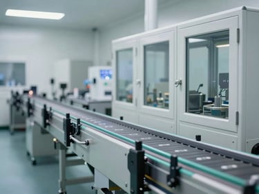 Wide side-profile of a pharmaceutical-grade conveyor line in a cleanroom, bright diffused daylight-balanced strobes, sealed enclosures and ESD-safe belt surface clearly visible, no human figures
