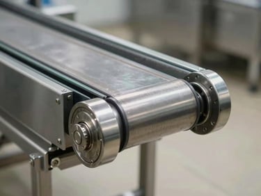 Close-up side-profile of a stainless-steel sanitary conveyor belt section in a food processing environment, bright diffused studio lighting, hygienic end caps and sealed bearings visible, no human figures