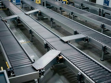 Overhead schematic-style view of a high-throughput logistics sortation conveyor layout, bright studio lighting, divert arms and merge points mechanically precise and clearly delineated, no human figures