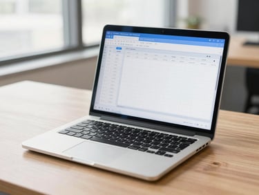 A modern laptop displaying spreadsheet software on a clean workspace, soft natural light, professional setting.