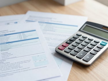 Close-up of neatly organized tax documents and a modern calculator on a bright wooden desk in Gurugram, soft daylight, shallow depth of field.