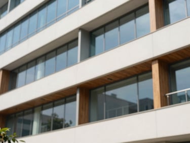 Modern architectural detail of a tech park in Bengaluru, clean lines, bright daylight, shallow depth of field, 35mm