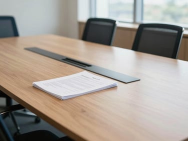 A professional consultation around a modern conference table in Bengaluru, neat documents, warm lighting, natural office environment.