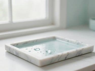 Soft warm light reflecting off clean water droplets on a marble tray, minimalist spa setting, serene and airy, 35mm