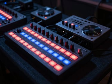 Low-light wide shot of a live electronic music setup on a dark table, glowing red and blue LEDs from sequencer steps, analog drum machine in focus