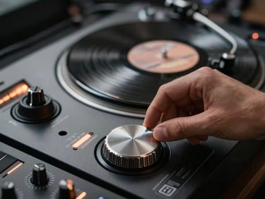 Close-up of hands adjusting a rotary mixer dial in a dark DJ booth, soft amber glow from the level meters, vinyl record spinning in the background
