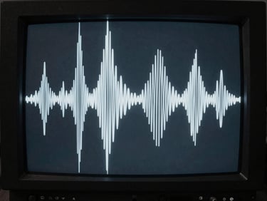 High-contrast monochrome video still of abstract geometric waveforms on a cathode-ray tube monitor, cold blue tint, dark background.