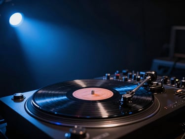Low-key environmental shot of an underground DJ booth, focusing on a spinning vinyl record under a sharp blue spotlight, dark atmospheric background.