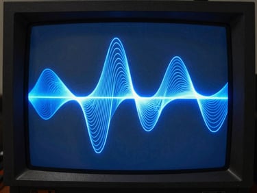 High-contrast video still of abstract geometric waveforms on an old cathode-ray tube monitor, deep blue hues, dark environment.