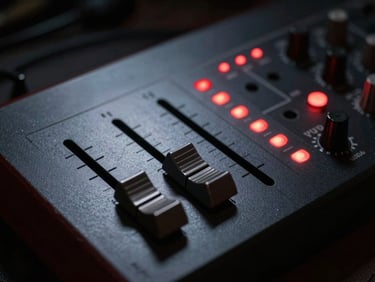 Low-key high-contrast shot of analog synthesizer faders and glowing red LEDs under dim studio light.