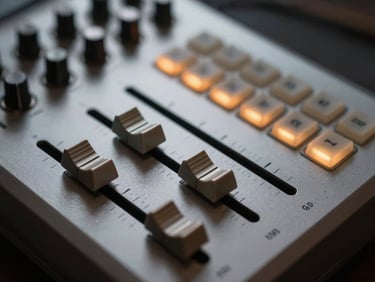 Macro photography of an analog drum machine interface, focusing on faders and step-sequencer buttons, low-light with cold amber rim lighting.