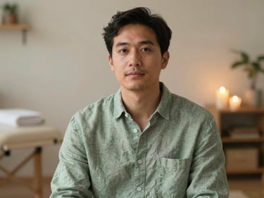 Portrait of a calm male therapist in a soft sage green linen shirt, warm candle glow, peaceful treatment room background, shallow depth of field, 35mm