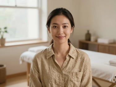 Portrait of a serene female therapist in a warm sandy linen shirt, smiling gently, soft natural window light, warm minimalist massage studio background, 35mm
