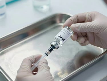 Close-up of a clinician drawing medication into a syringe from a labeled vial on a stainless clinical tray, sharp focus on gloved hands, soft overhead light