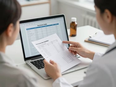 Provider and patient seated at a clinical desk reviewing a hormone panel report on a laptop screen, provider gesturing at specific lab values, clean office lighting
