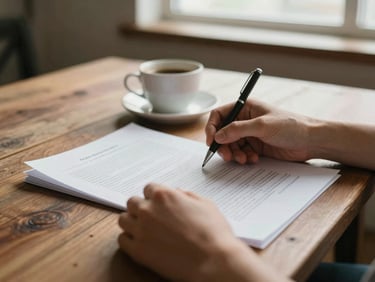 Close-up of hands reviewing paperwork over a rustic wooden table with a warm cup of coffee, soft natural window light, muted earth tones, shallow depth of field.