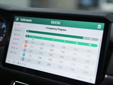 Clean and professional dashboard interface showing a detailed Indonesian SKKNI competency progress bar, emerald green accents, structured data table, cool professional lighting